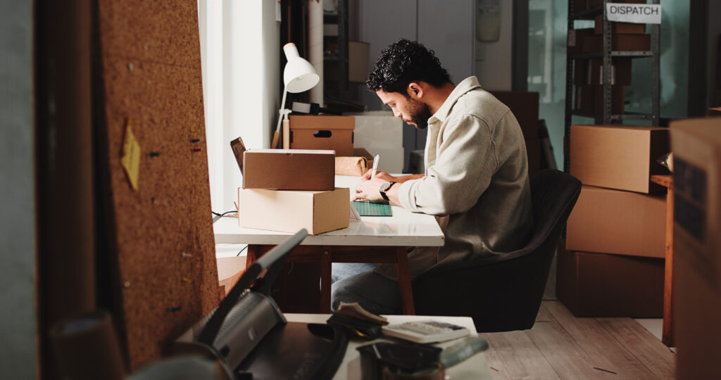 Veteran sitting at a desk by a window, writing on paperwork next to a laptop and boxes