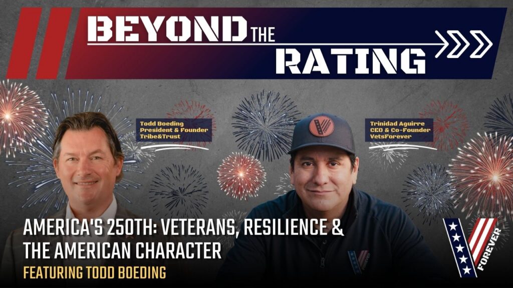 Beyond the Rating podcast episode "America's 250th: Veterans, Resilience & The American Character." Guests Todd Boeding, President and Founder of Tribe & Trust, and Trinidad Aguirre, CEO and Co-Founder of VetsForever, against a fireworks background.