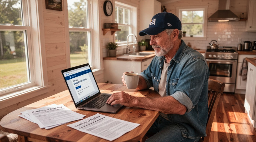 Veteran checking VA accreditation eligibility on laptop at kitchen table