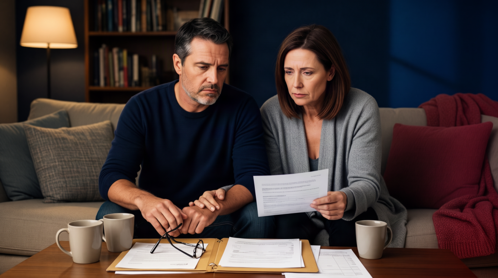 A couple in their late 40s review employment records for a TDIU claim on their living room sofa
